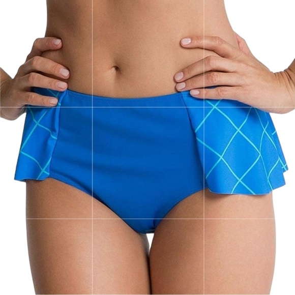 NEW SPANX Skirted Blue & Aqua Plaid High Rise Bikini Bottom Shaping Suit Size 12 - Picture 1 of 9